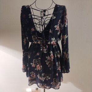Y2K Charlotte Russe Navy Blue Floral Long Sleeve Dress Size Small